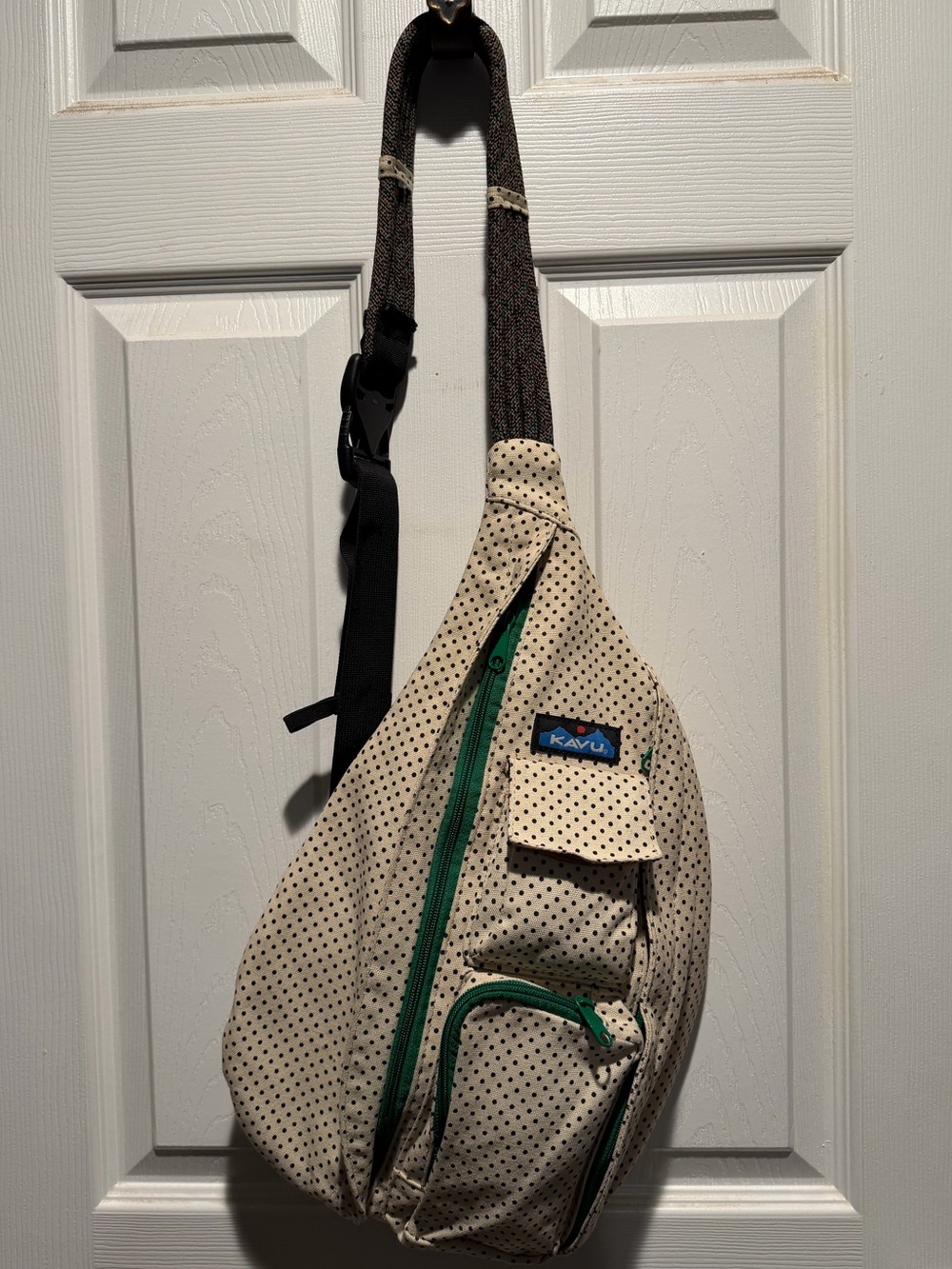 Kavu Beige Polka Dot Sling Bag with Green Zippers